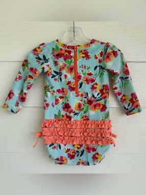 RuffleButts 12-18M Colorful Aqua Floral Long-Sleeve One-Piece with Coral Ruffles